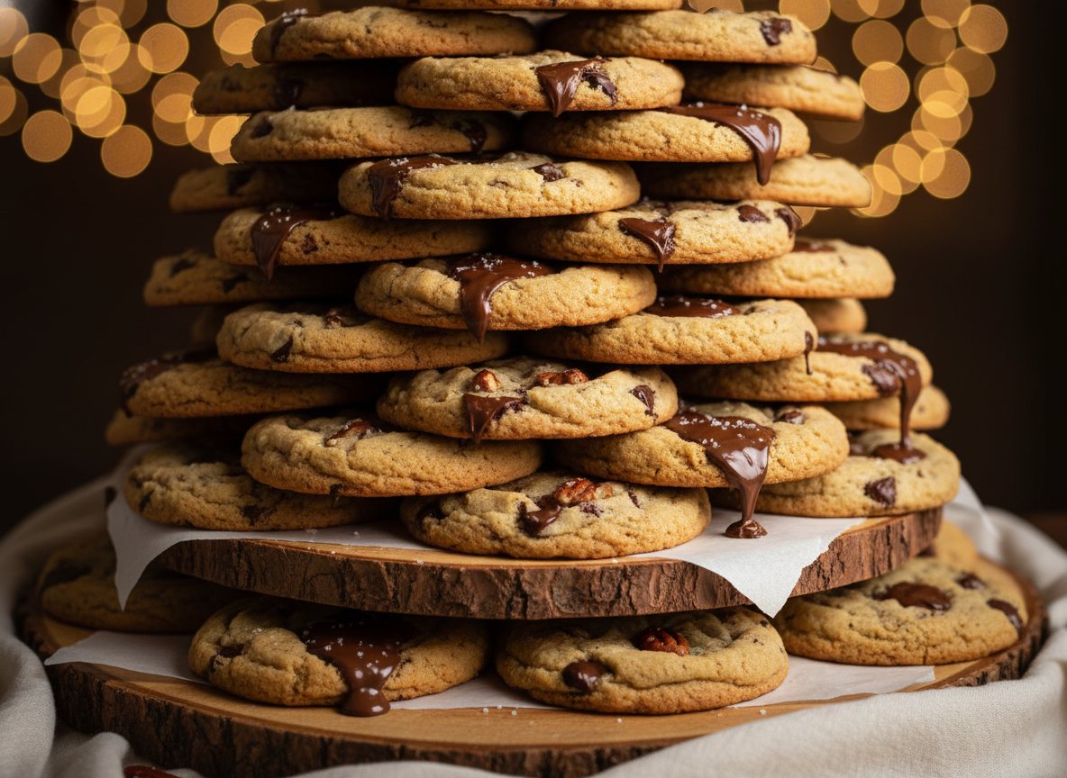 A dramatic tiered tower of stacked gourmet cookies styled for an event.
