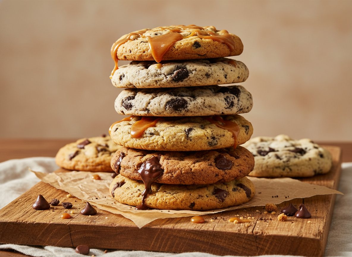 A tall stack of assorted oversized gourmet cookies.
